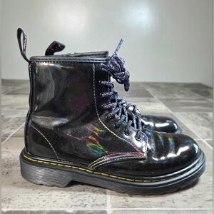 DR. MARTENS 1460 J RAINBOW HOLOGRAPHIC BLACK PATENT BOOTS.